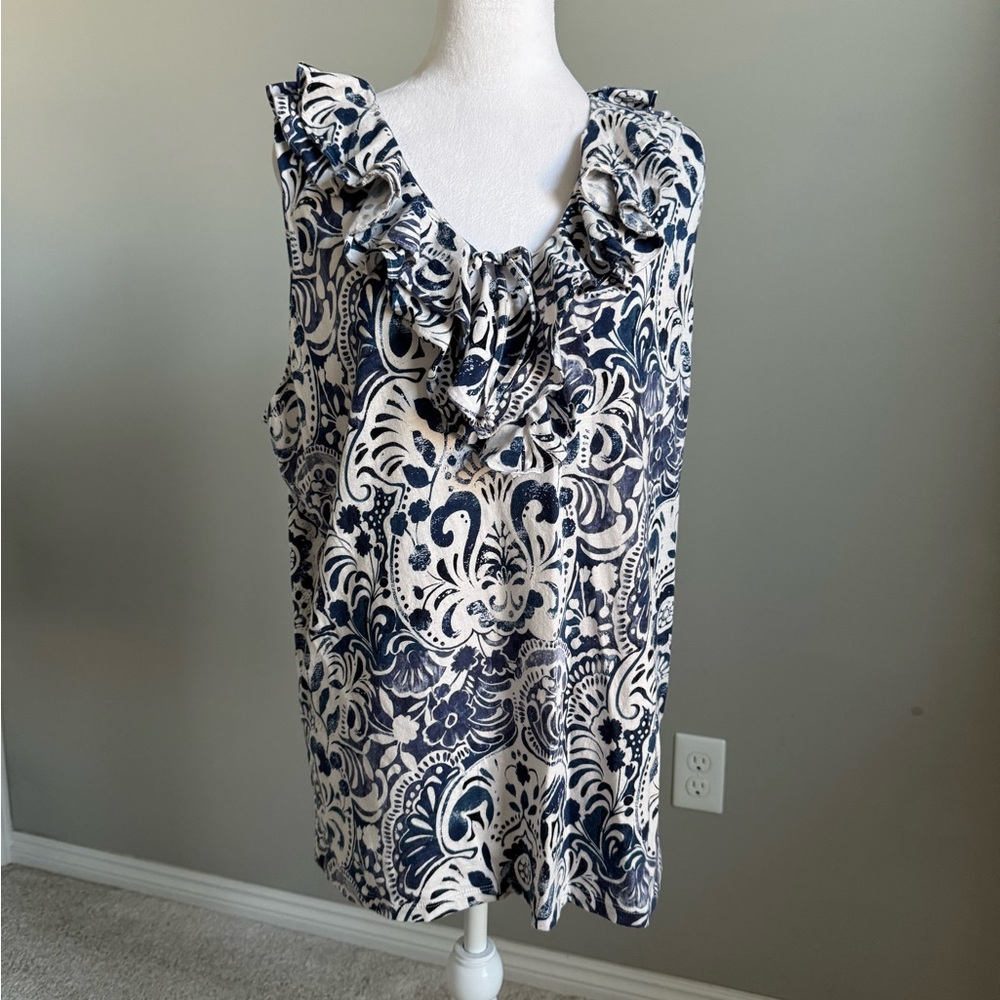 Lauren Ralph Lauren White and Blue Ruffled Blouse